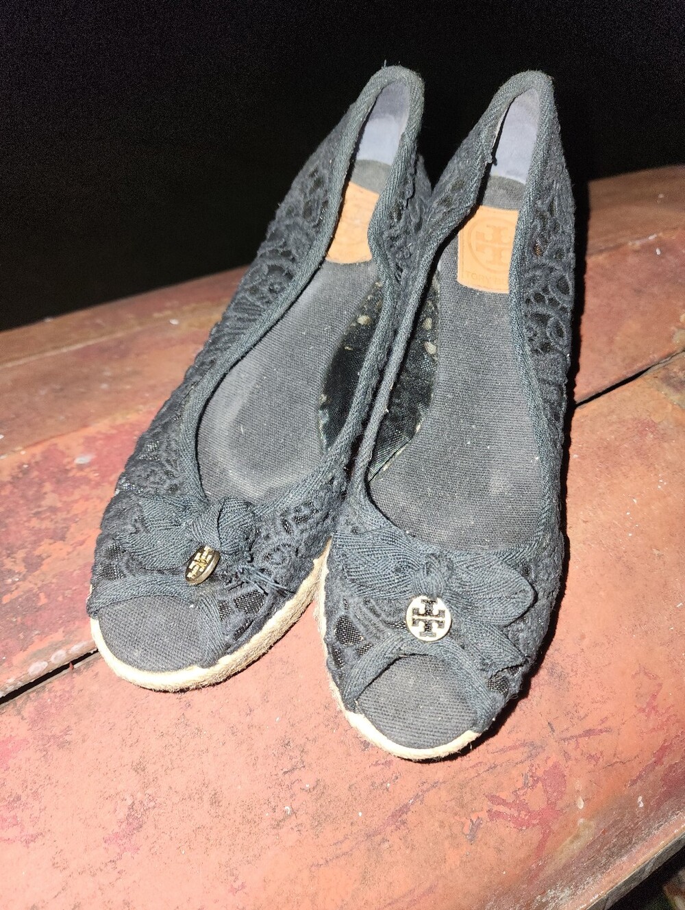 Tory Burch Jackie Espadrille Black Lace Wedge Size 11b